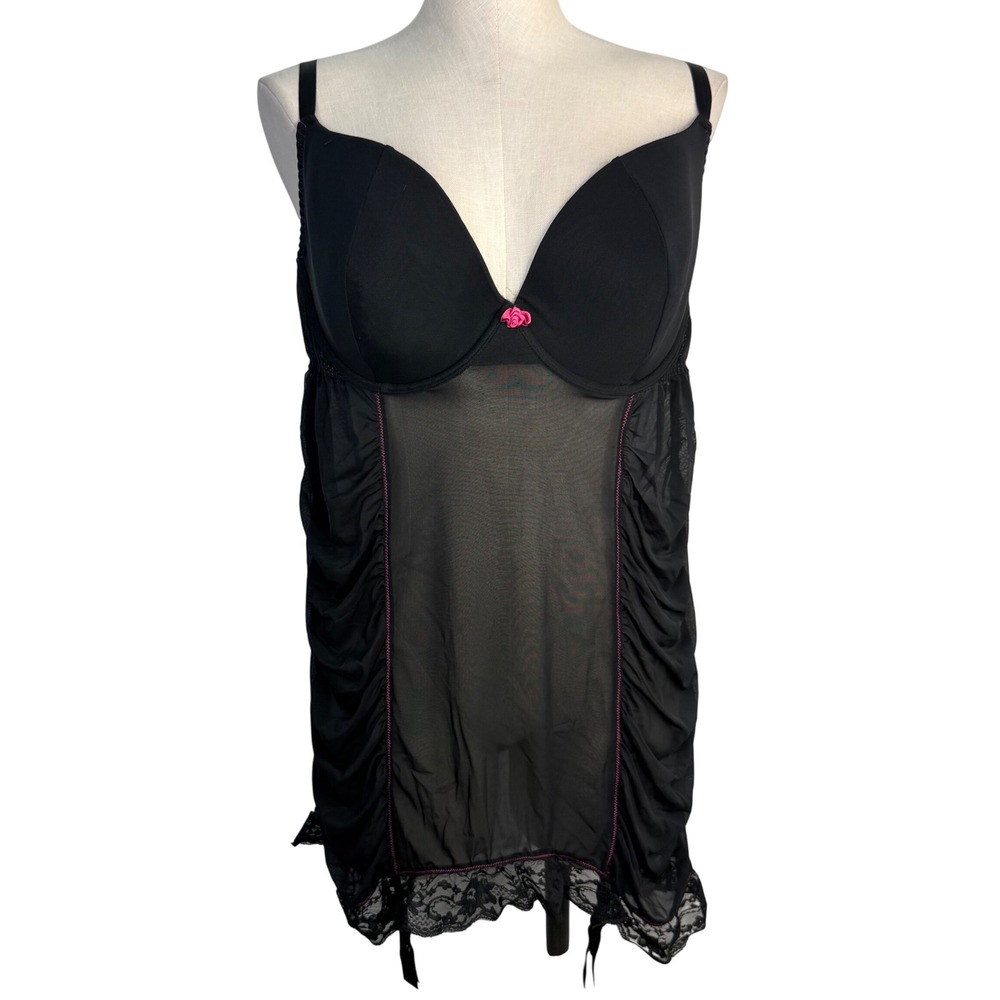 Lane Bryant Cacique Black Mesh Babydoll Chemise Lace Garter Straps 22/24